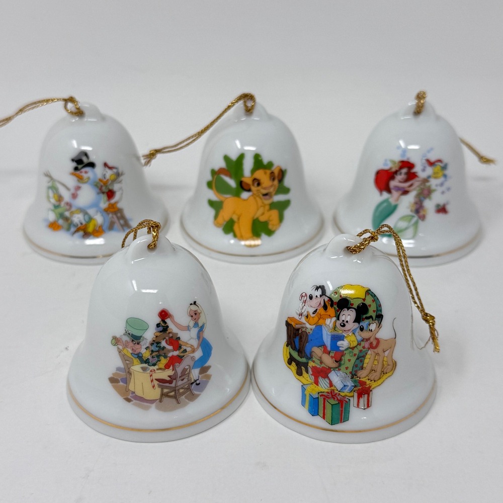 Vintage Disney Porcelain Bell Ornaments Set of 5 Grolier Collectibles 1993